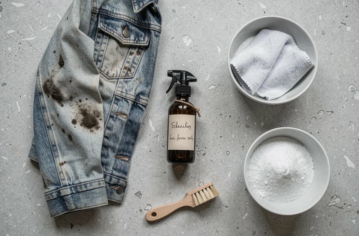 Vue à plat des produits ménagers pour traiter rapidement les moisissures sur tissu, dont bicarbonate, spray et brosse en bois