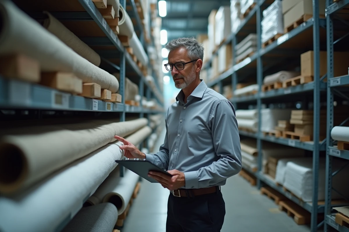 Professionnel du textile examinant des rouleaux de tissu coton enduit dans un entrepôt de stockage commercial