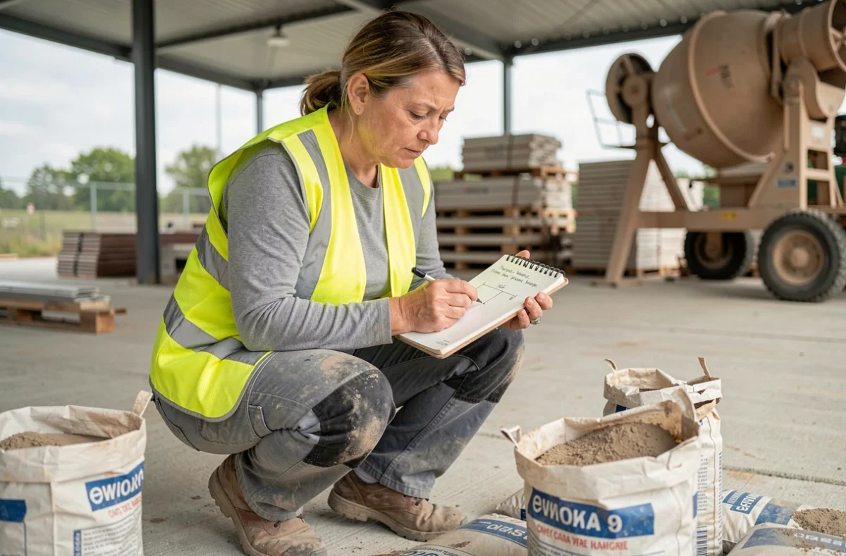 Professionnelle du bâtiment calculant les proportions de dosage pour une chape maigre à partir d'un carnet de notes sur chantier