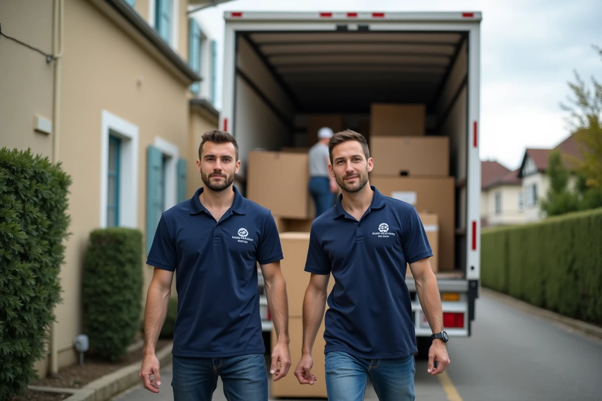 Deux professionnels du débarras chargeant des meubles dans un camion devant une maison