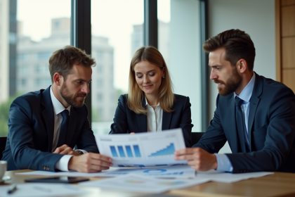 Groupe de professionnels en réunion dans une salle moderne