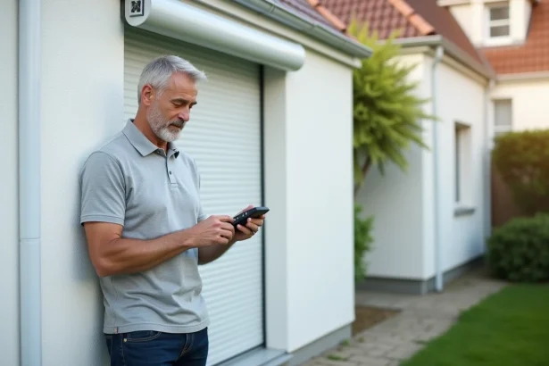 Homme programmant une télécommande Somfy RTS devant un volet roulant PVC blanc partiellement baissé sur une maison pavillonnaire