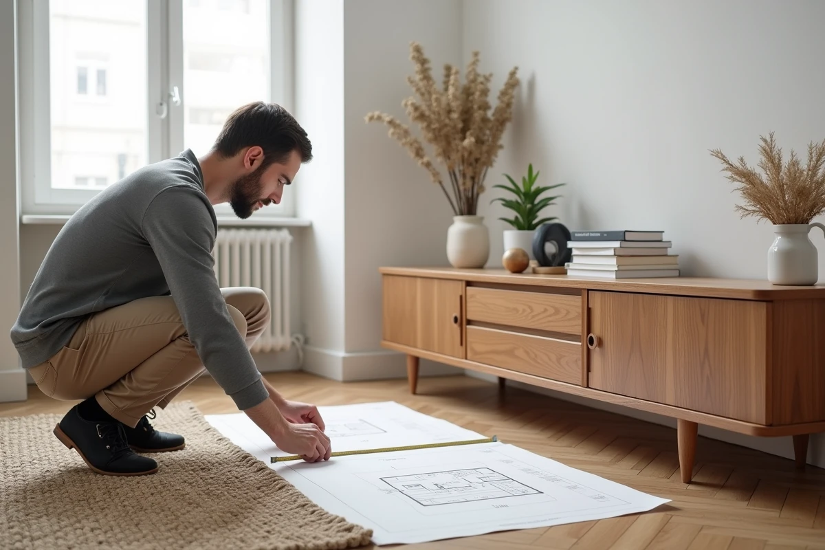 Homme mesurant un meuble en bois dans un salon scandinave lors d'un projet d'aménagement