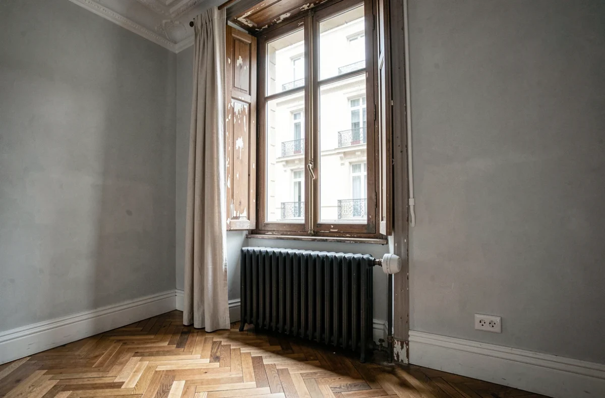 Radiateur fonte d'occasion réinstallé sous une fenêtre dans un appartement haussmannien rénové