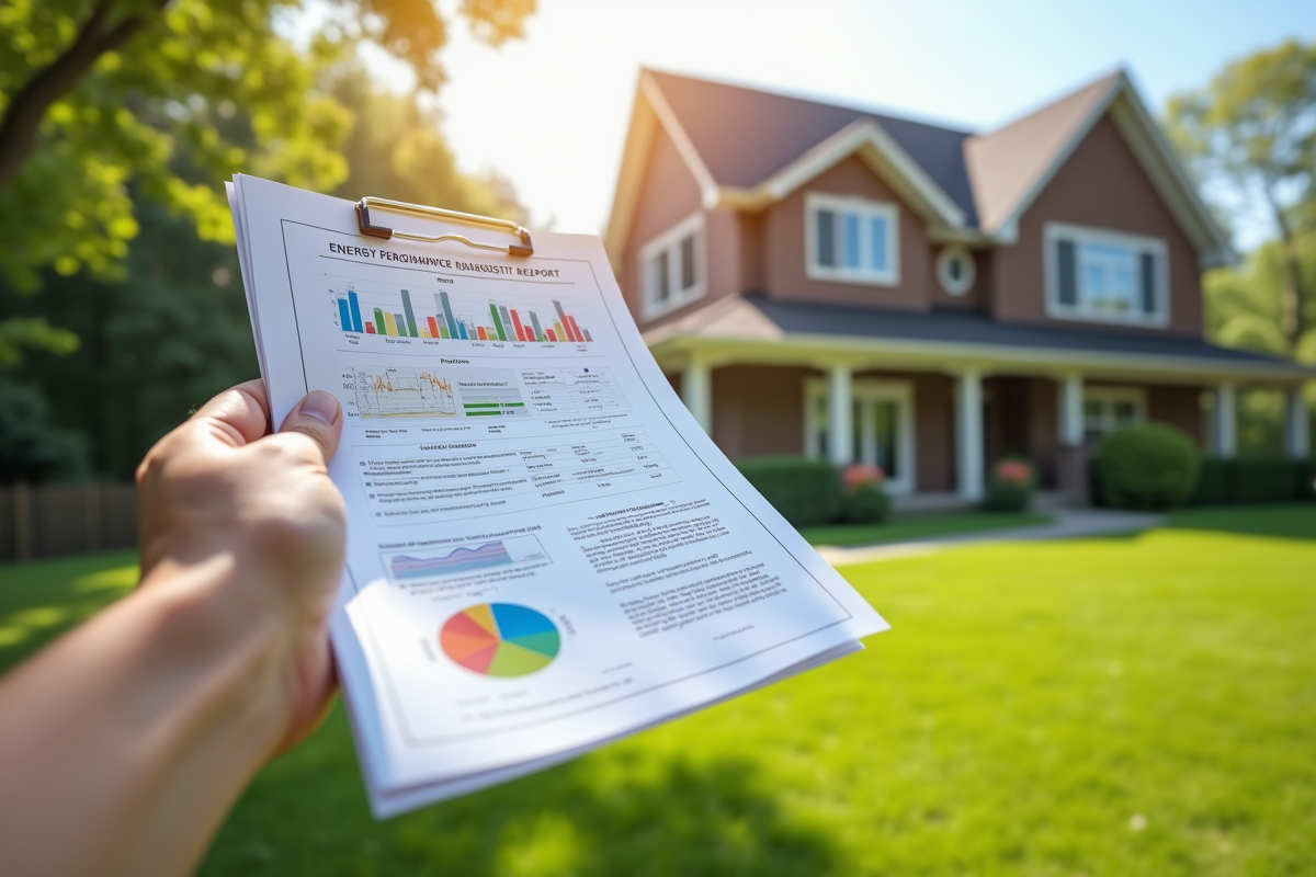 Main tenant un rapport diagnostic énergie devant une maison de banlieue ensoleillée
