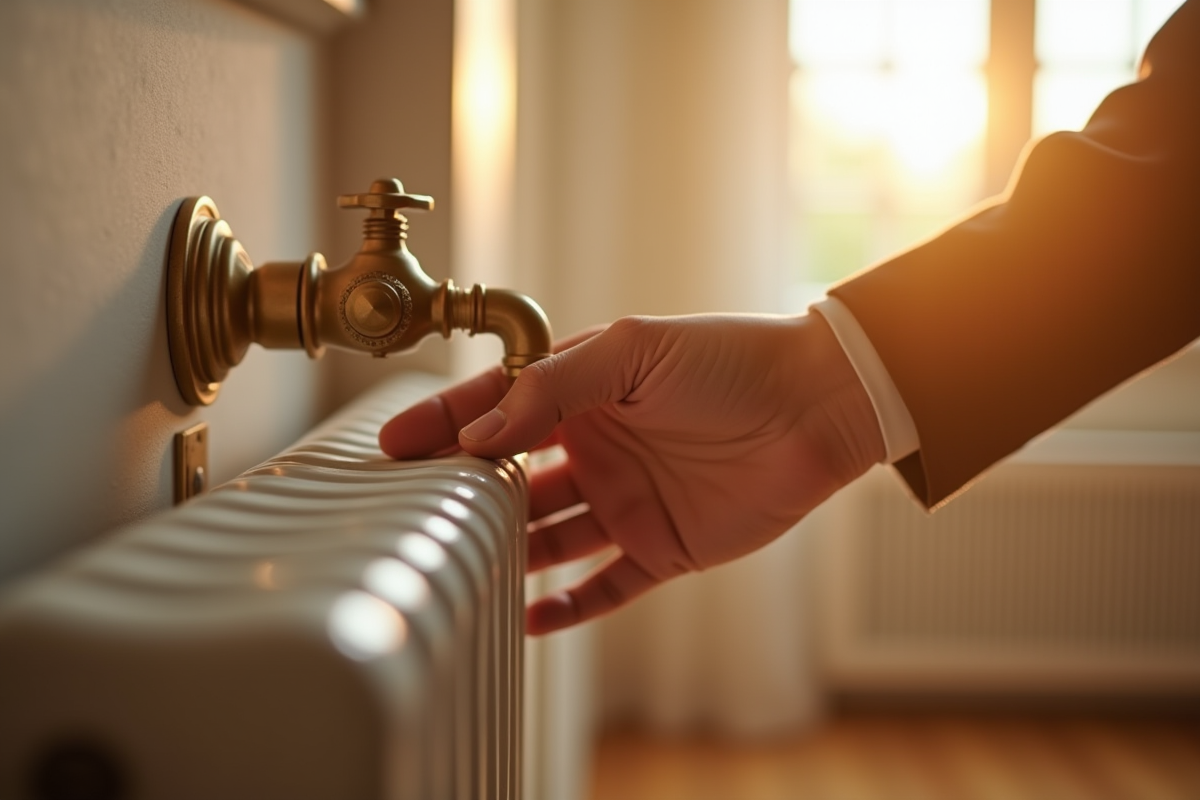 Main ajustant une valve de radiateur dans une maison lumineuse