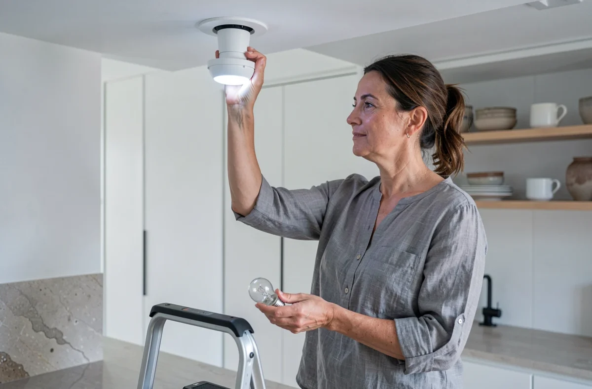 Femme remplaçant une ampoule halogène GU10 par une LED dans un plafonnier encastré de cuisine moderne
