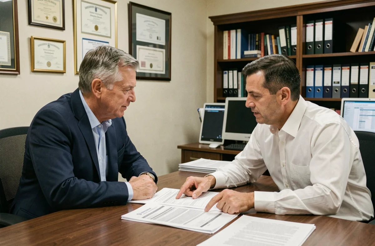 Client discutant du prix de son assurance habitation avec un agent dans une agence d'assurance traditionnelle