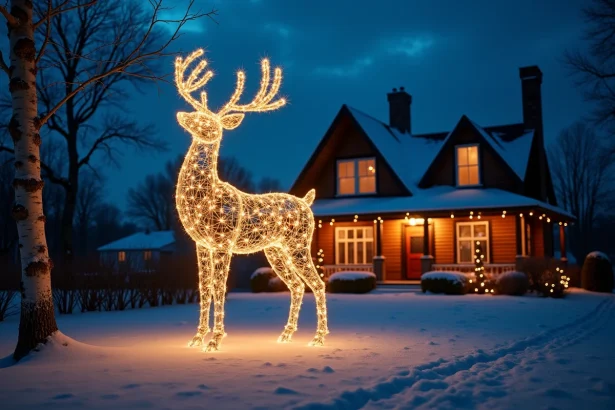 Grand renne décoratif lumineux en fil LED blanc chaud sur une pelouse enneigée devant une maison en bois au crépuscule