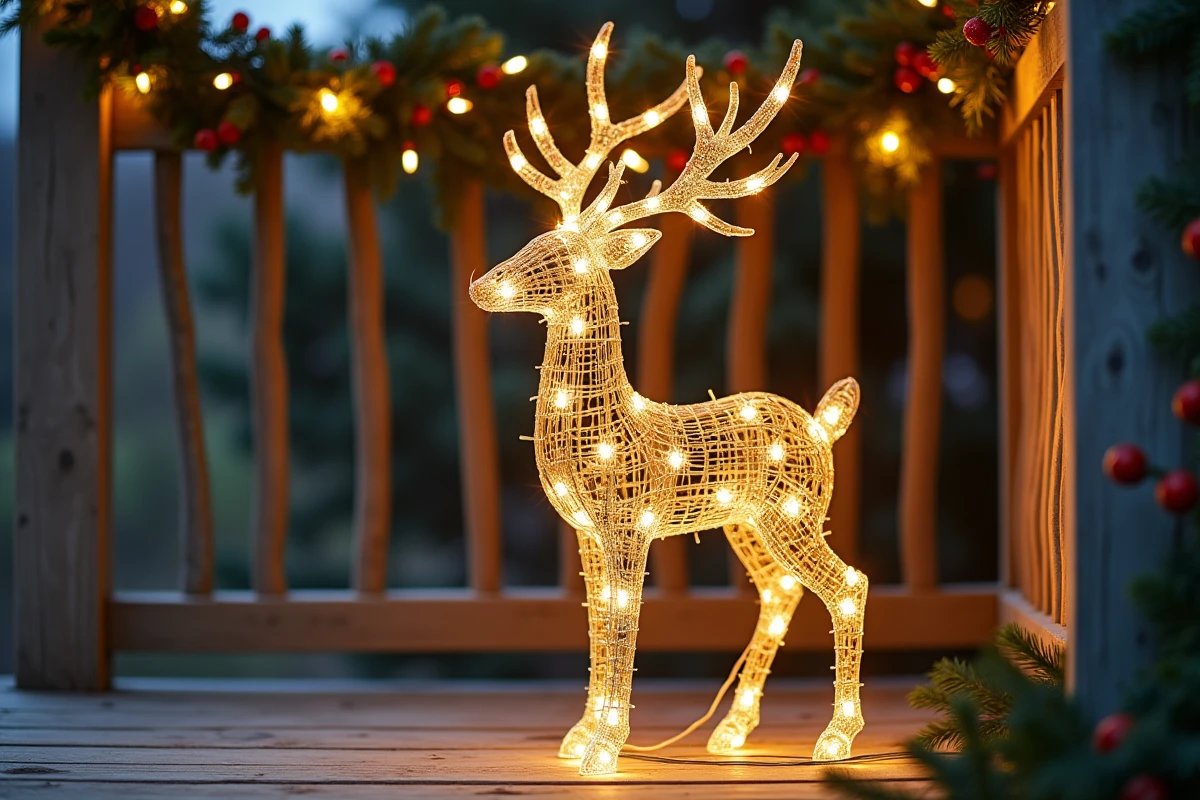 Gros plan d'un renne lumineux en fil métallique LED sur un porche en bois décoré de guirlandes de sapin pour Noël