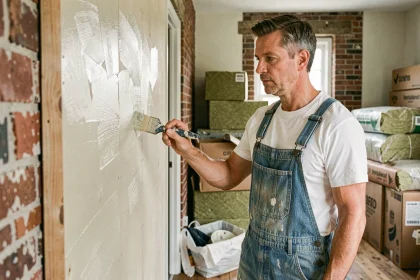 Artisan appliquant une peinture écologique sur un mur en bois lors d'une rénovation intérieure éco-responsable