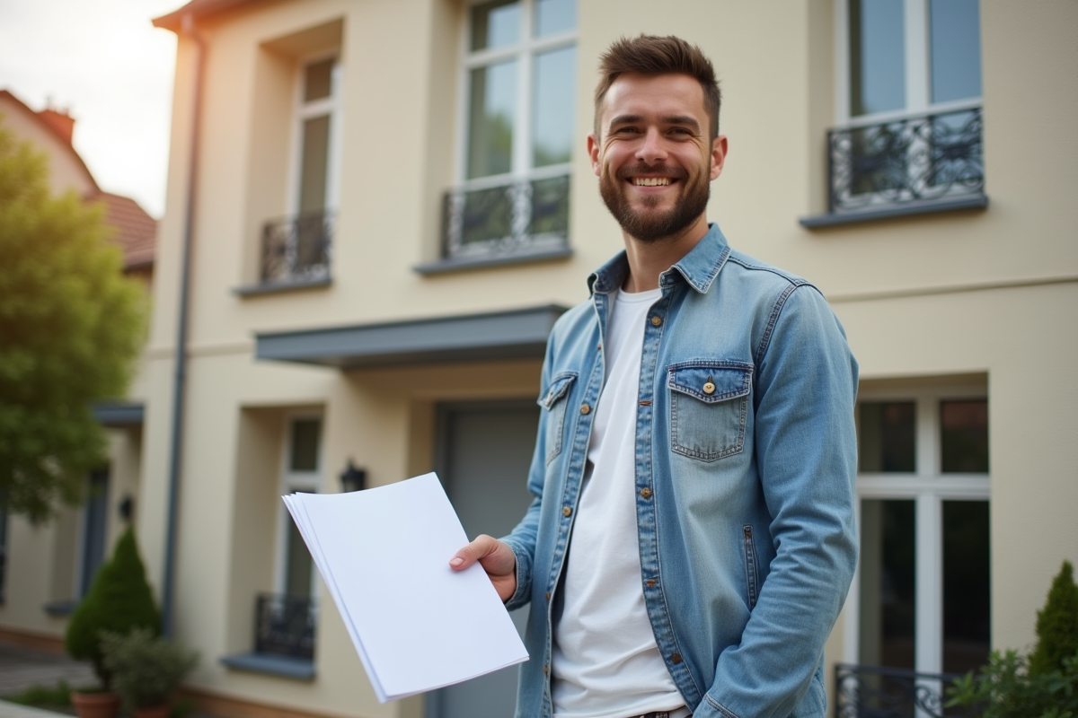 Propriétaire devant façade rénovée tenant documents
