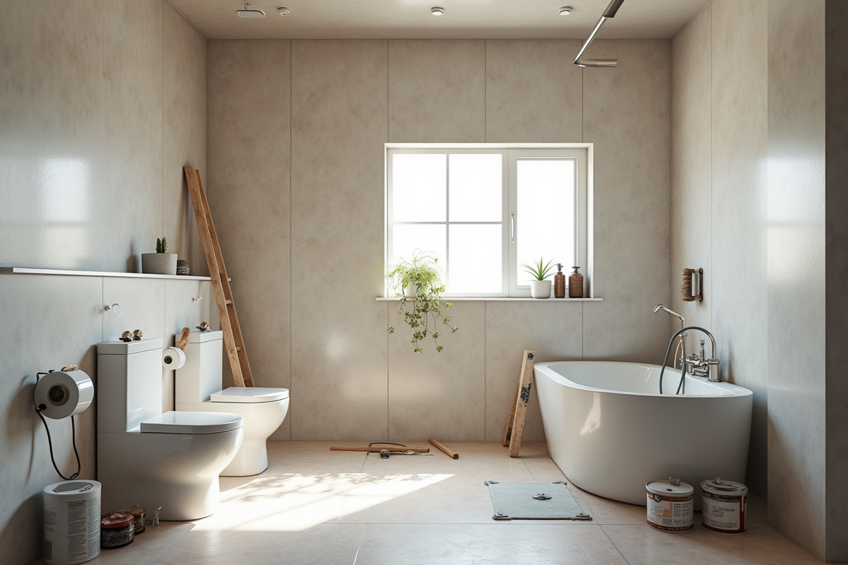 Salle de bain moderne en rénovation avec outils et carrelage