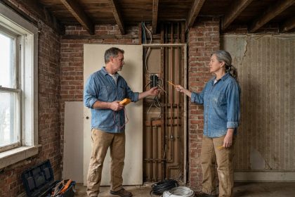 Homme et femme discutant de travaux dans une vieille maison