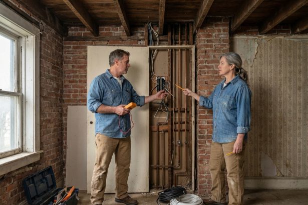 Homme et femme discutant de travaux dans une vieille maison