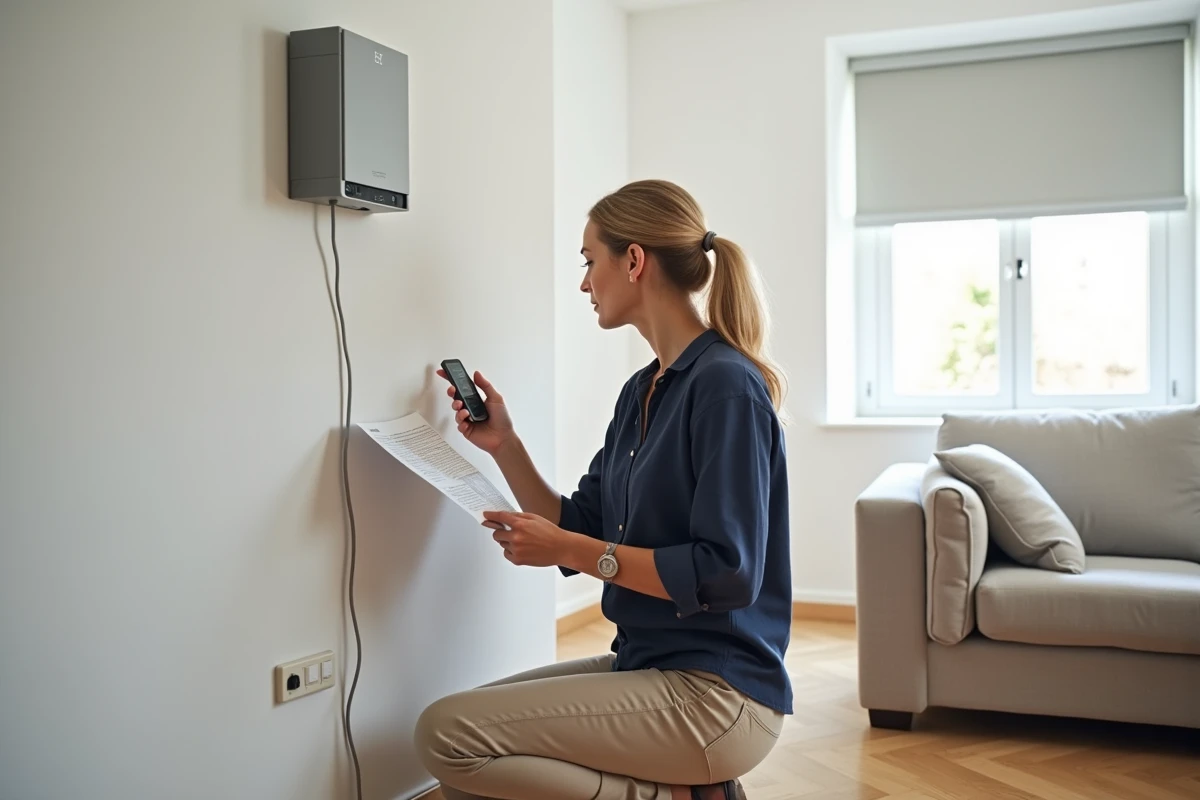 Femme consultant une notice de reprogrammation Somfy RTS près du moteur de volet roulant dans un salon moderne