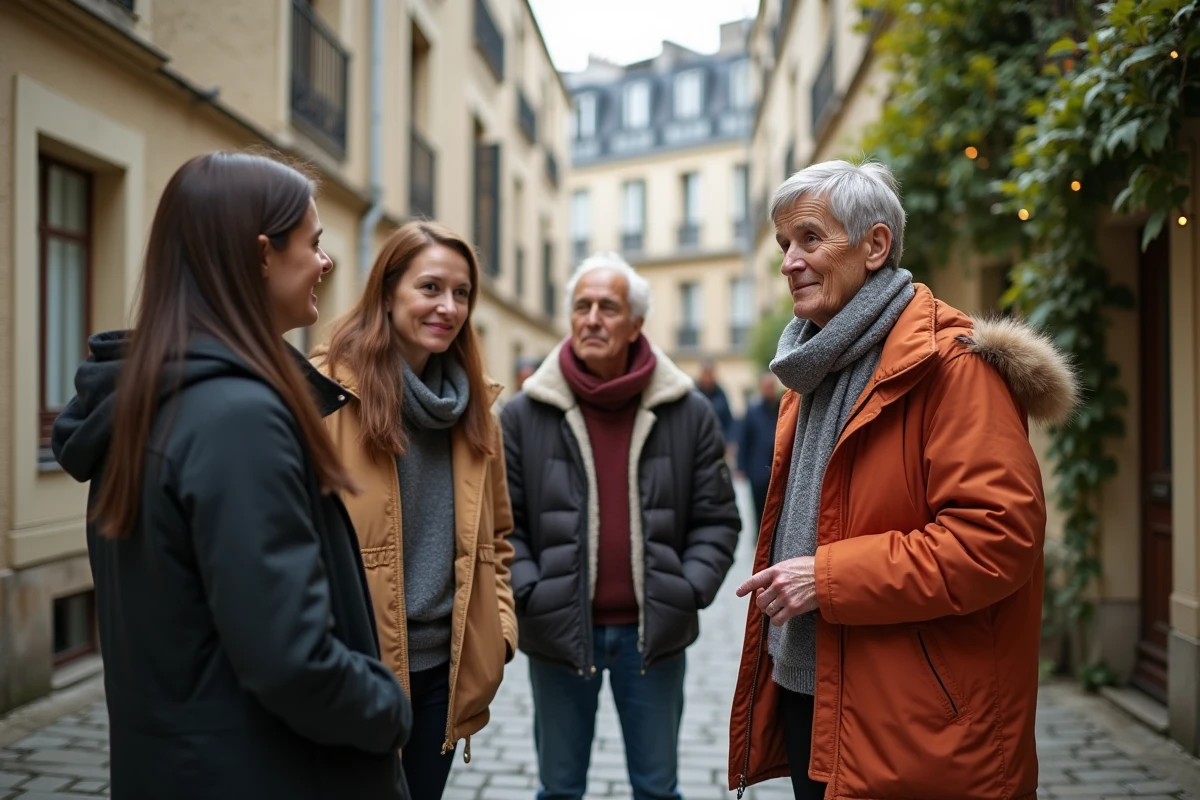 Groupes de résidents discutant dans une cour parisienne