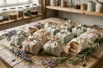 Sachets en tissu de lin remplis de savons artisanaux disposés sur un établi en bois avec des herbes séchées