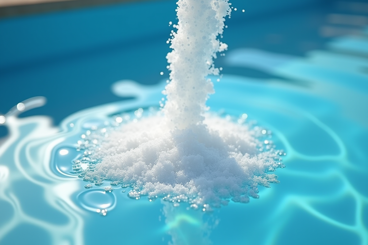 Gros plan sur le sel de piscine versé dans l