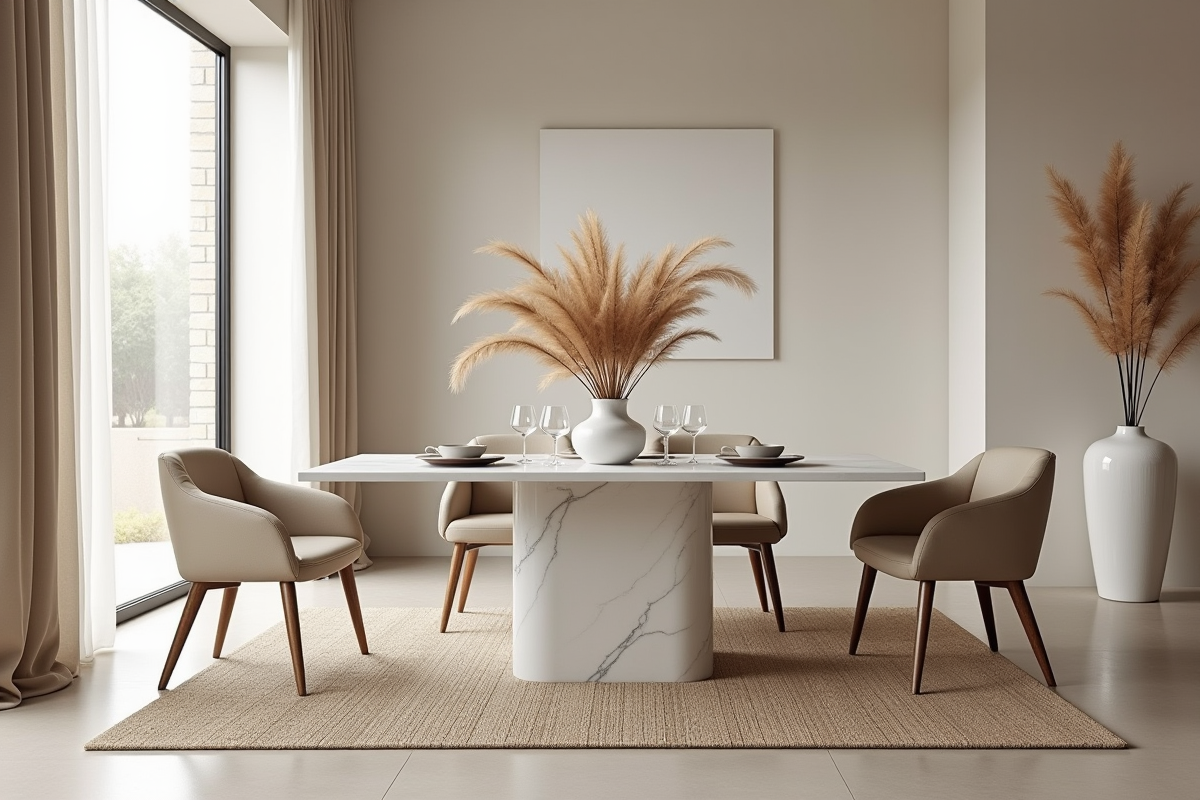 Salle a manger avec table en marbre et tapis beige
