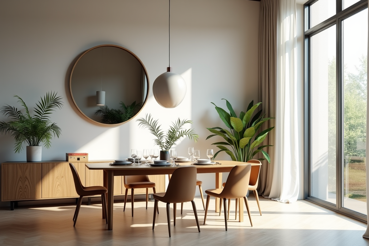Salle à manger moderne avec grand miroir rond et table en bois