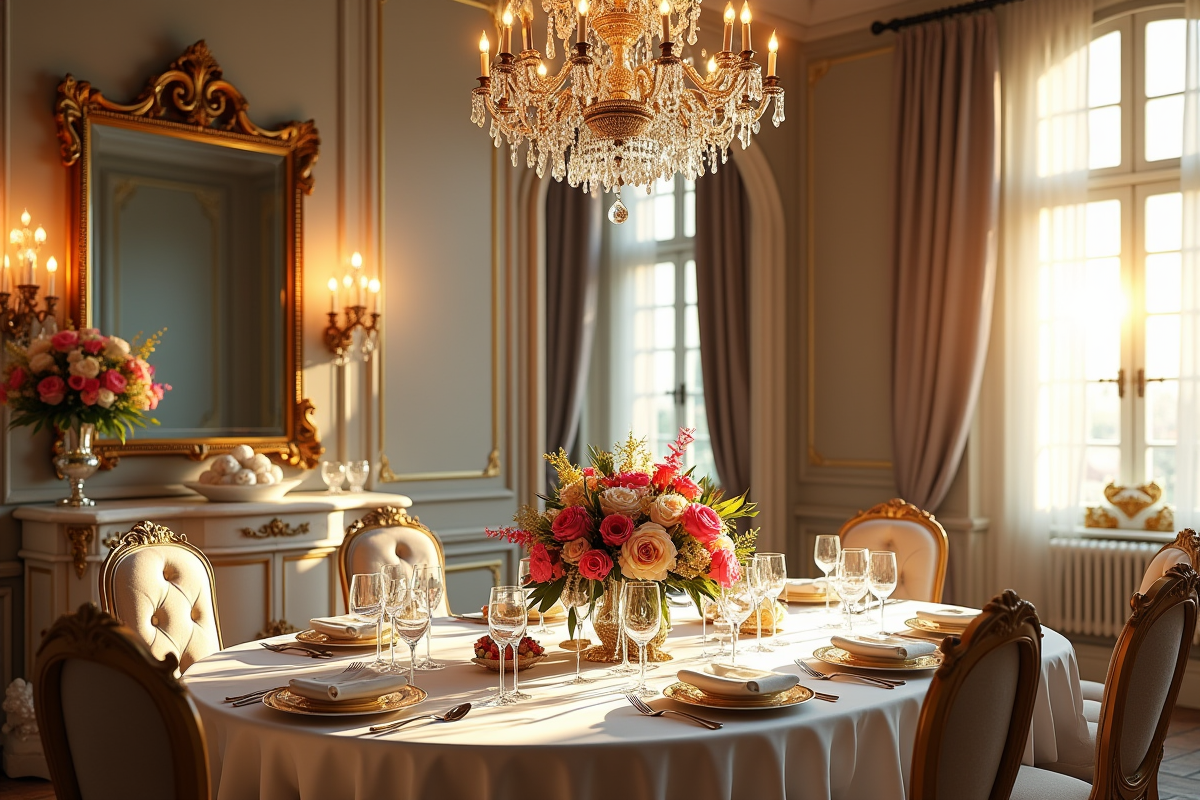 Salle à manger classique avec miroir vintage et chandelier en cristal