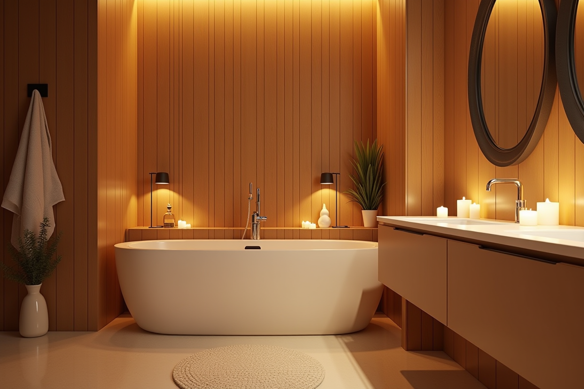 Salle de bain chaleureuse avec bougies et miroirs décoratifs
