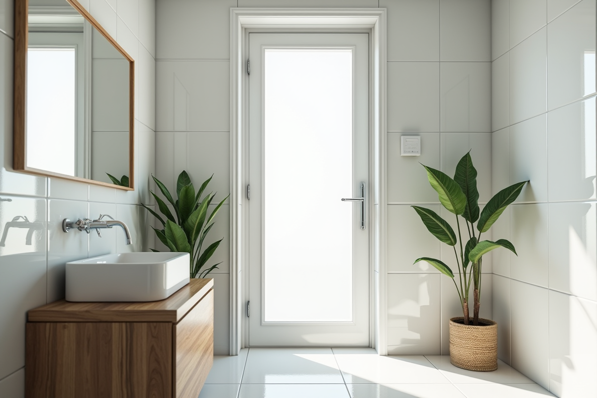 Salle de bain propre avec carrelage blanc et plantes vertes