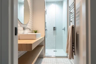Petite salle de bain de location compacte avec douche à l'italienne et meuble vasque suspendu en chêne