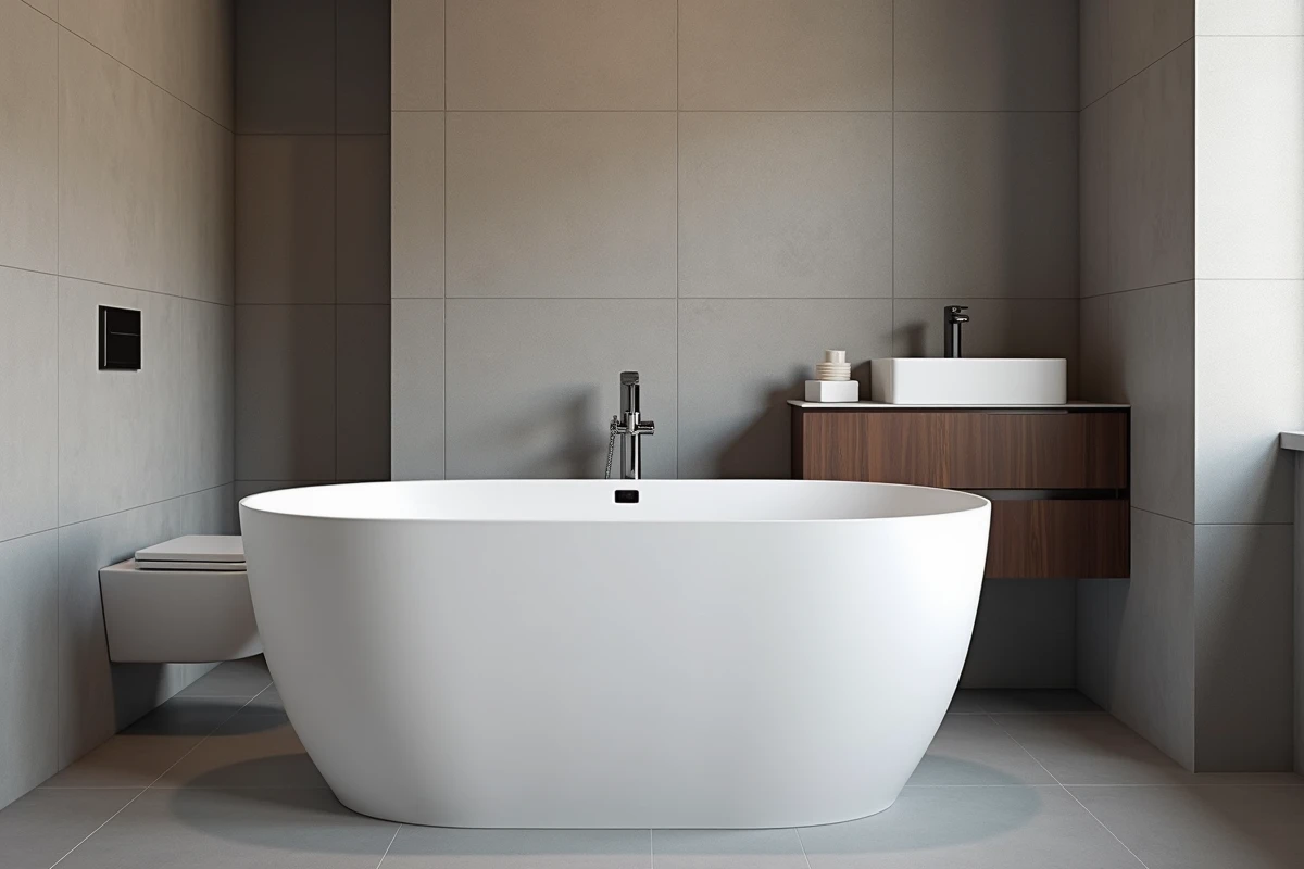 Salle de bain de taille moyenne en location avec baignoire autoportante et double vasque en noyer