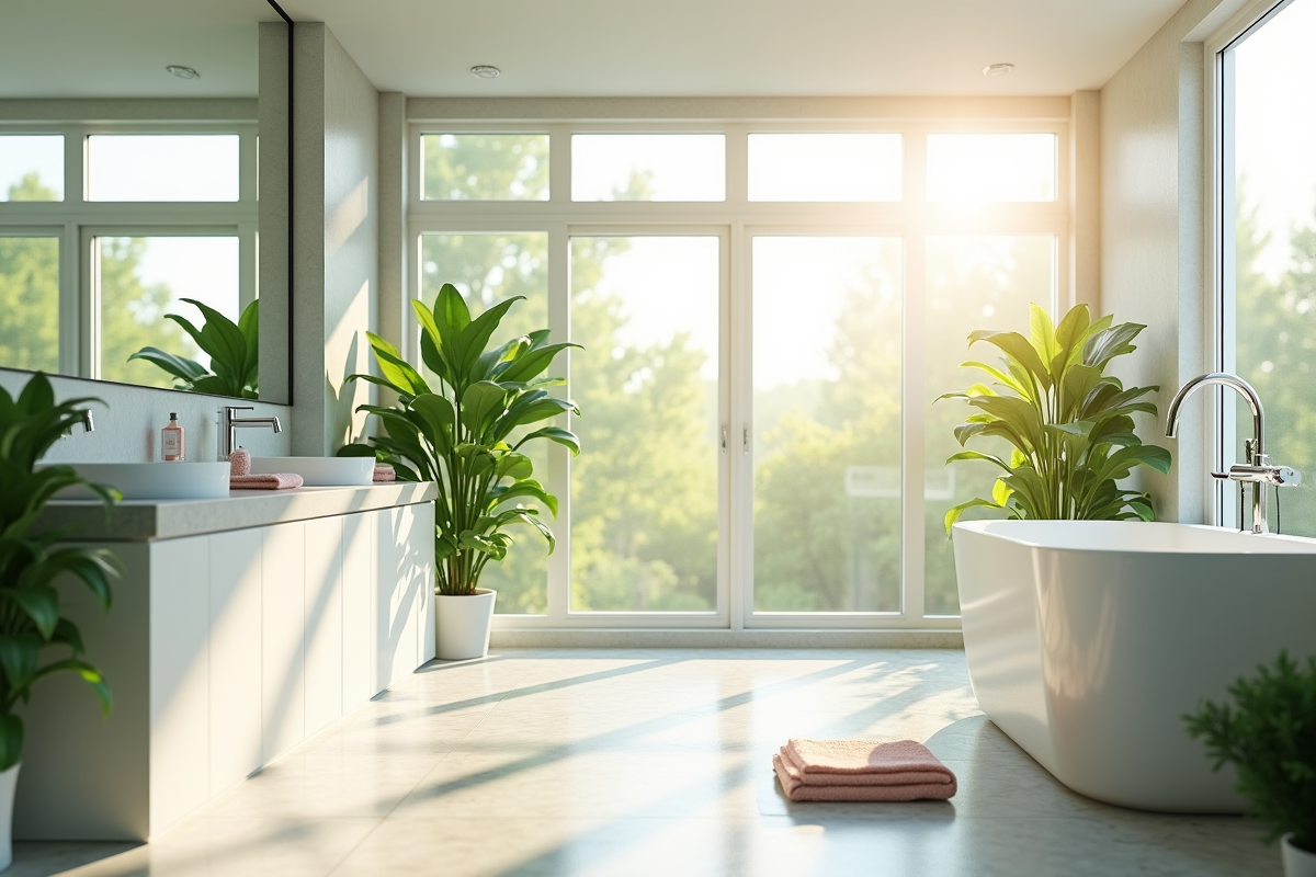 Salle de bain lumineuse avec plantes et serviettes pastel