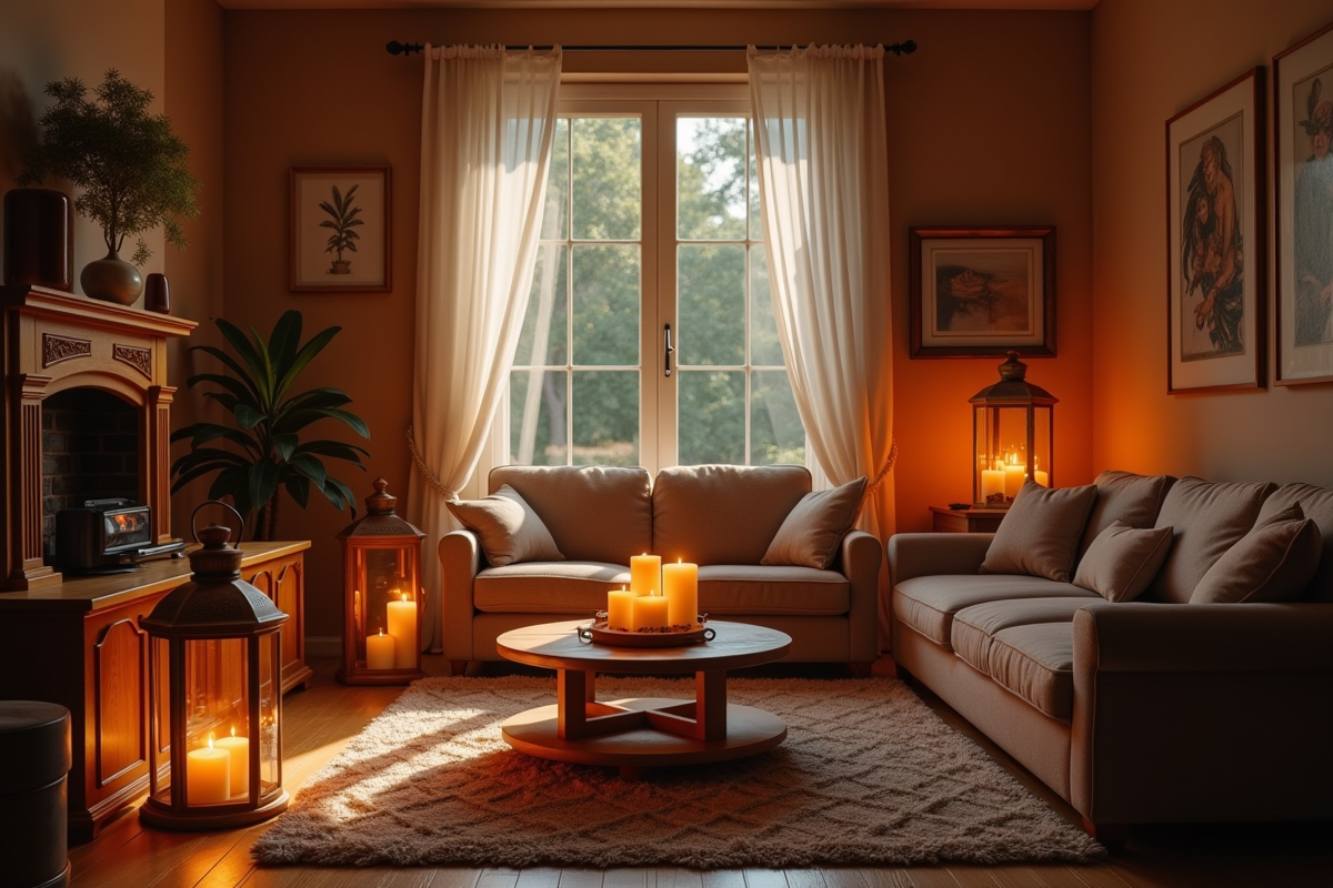 Salon chaleureux éclairé par bougies et lumière naturelle