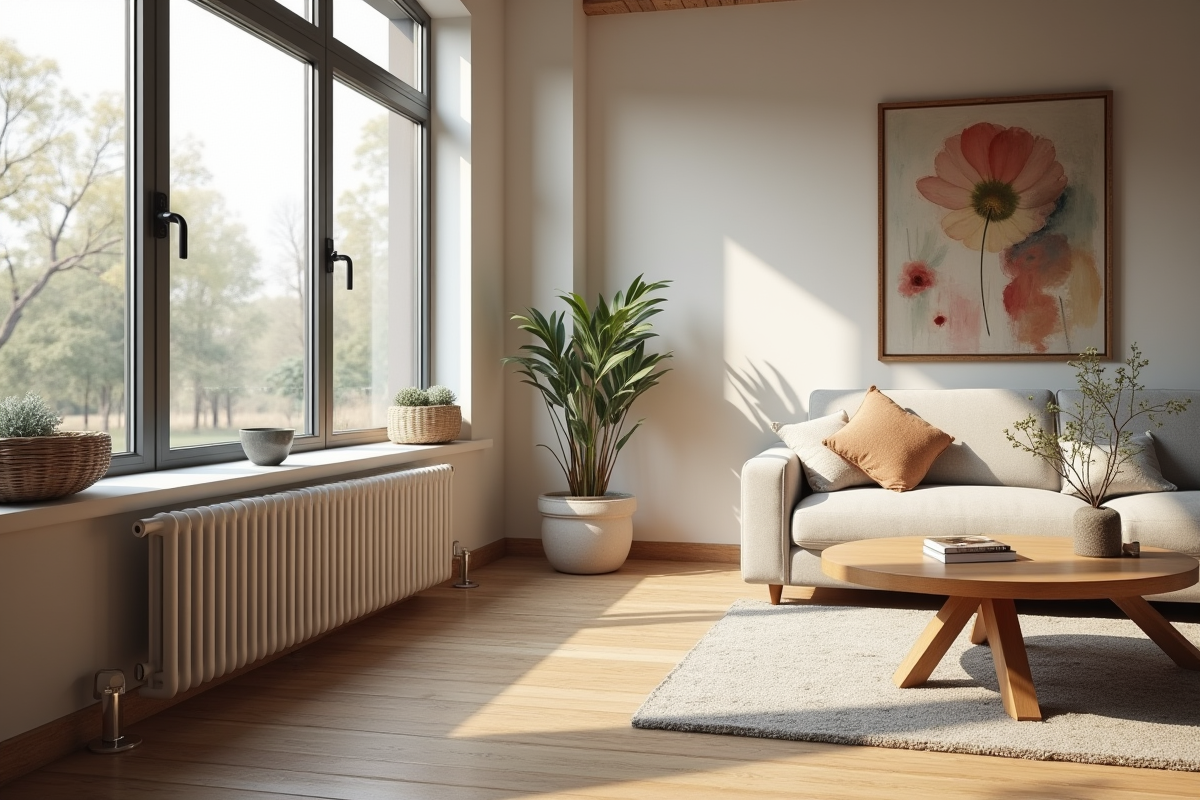 Salon moderne avec chauffage électrique et lumière naturelle