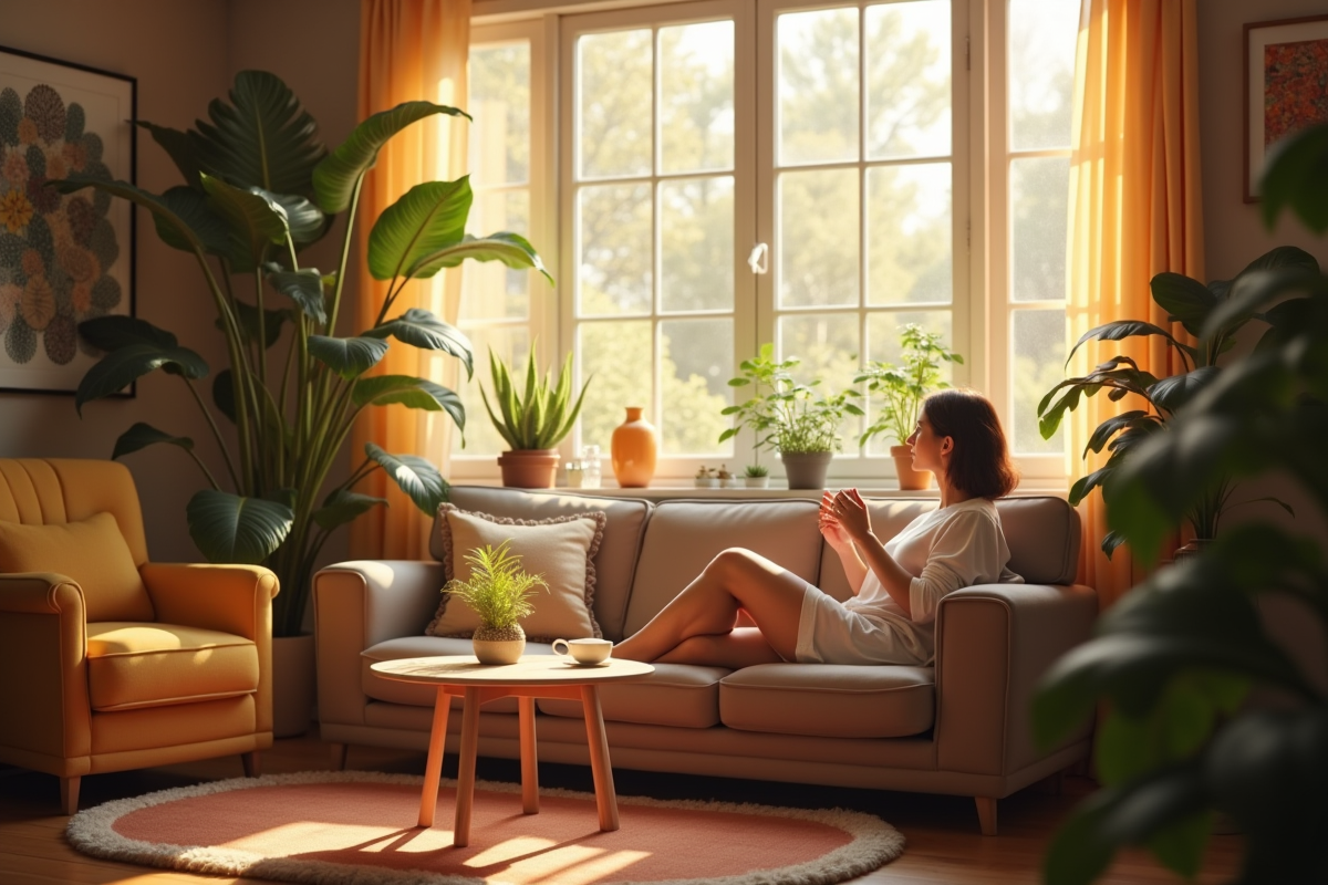 Salon lumineux avec personne relaxant sur canapé et plantes