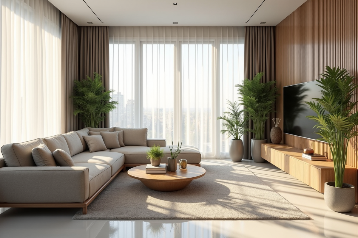 Salon moderne avec plafond bas et grandes fenêtres lumineuses