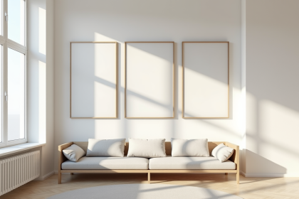 Salon moderne avec œuvres d'art et lumière naturelle