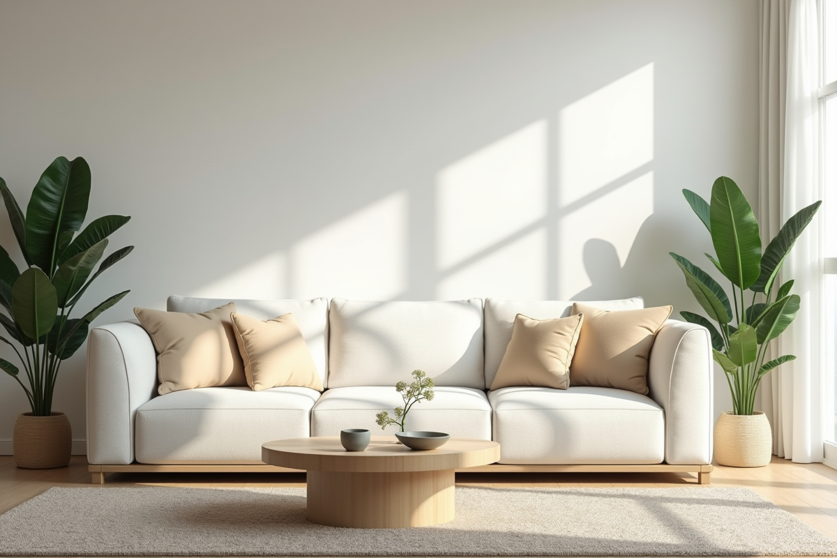 Salon moderne avec canapé blanc et plantes vertes