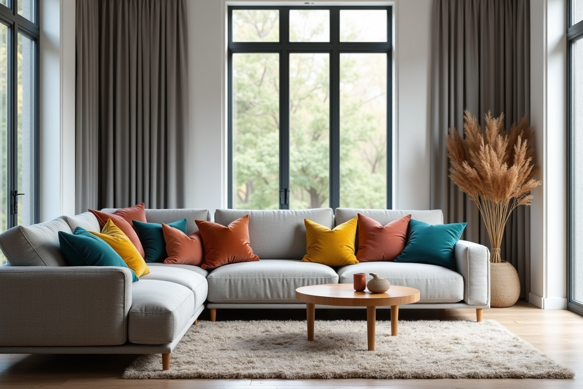 Salon moderne avec canapé gris et coussins en velours colorés