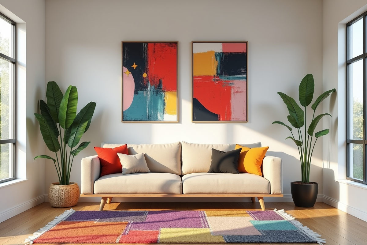 Salon moderne neutre avec peintures abstraites et coussins colorés