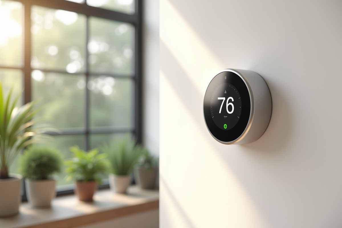 Salon moderne avec thermostat intelligent et plantes vertes