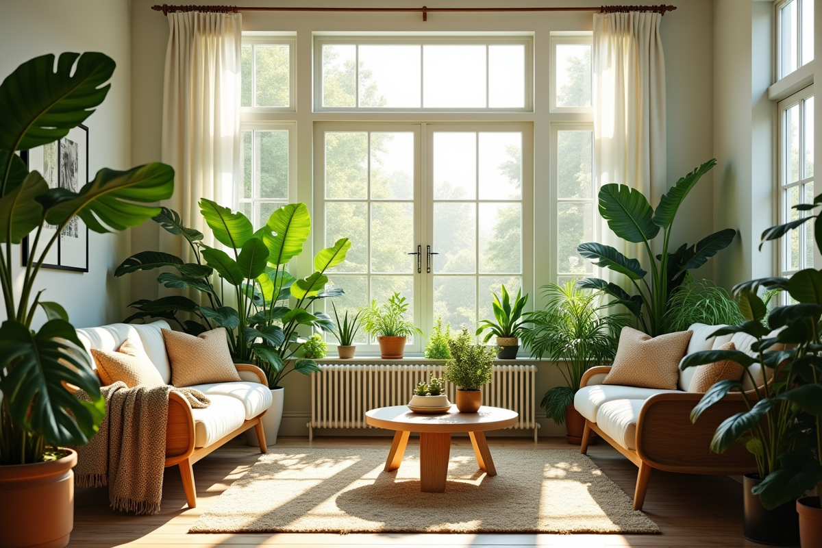 Salon cosy avec plantes vertes lumineuses et ambiance joyeuse