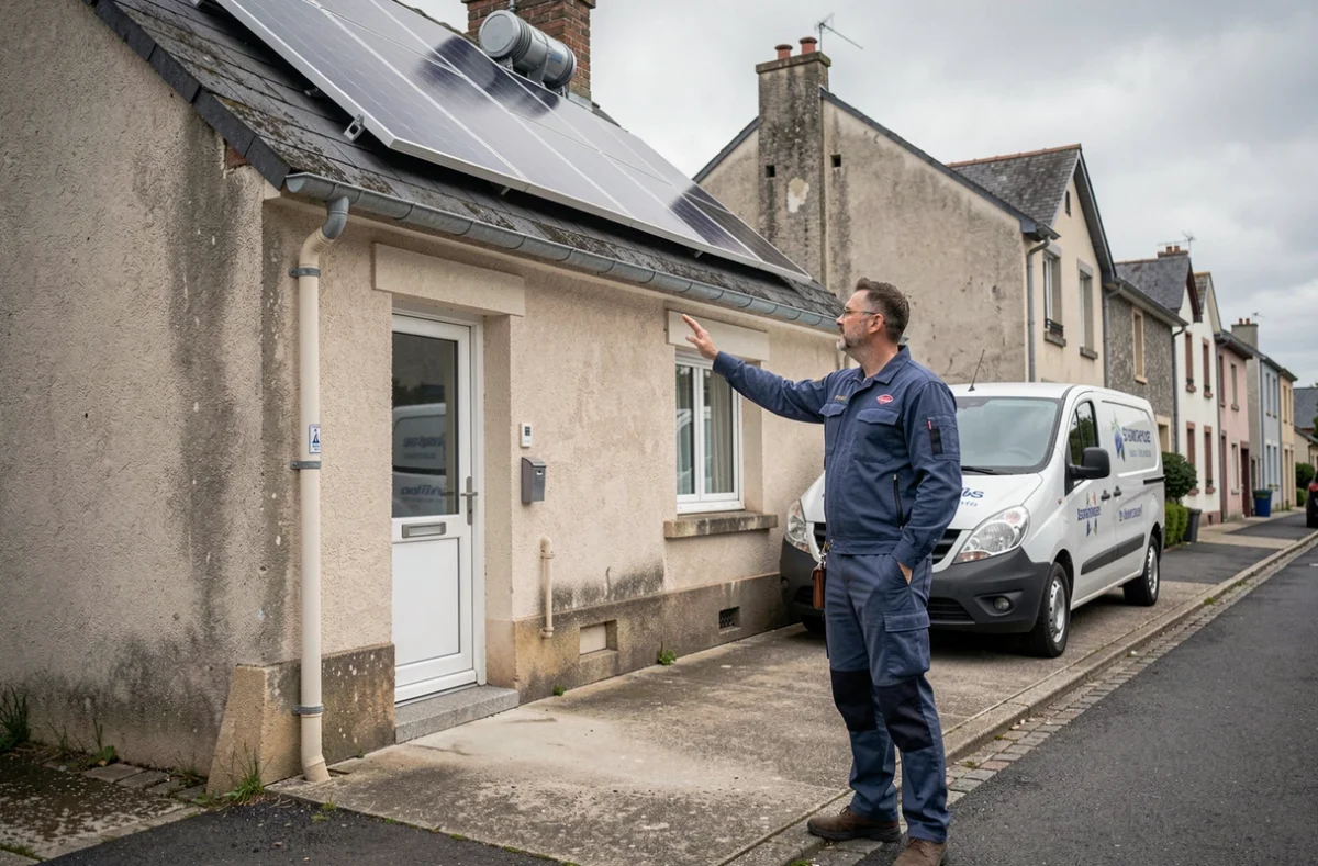 Professionnel de Sanitherm Quimper présentant une installation solaire photovoltaïque et thermique sur une maison du Finistère
