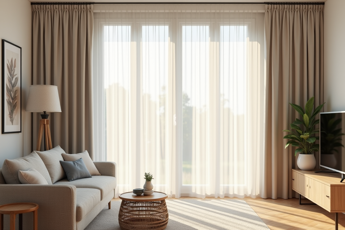Salon moderne avec rideaux thermiques lumineux et cosy