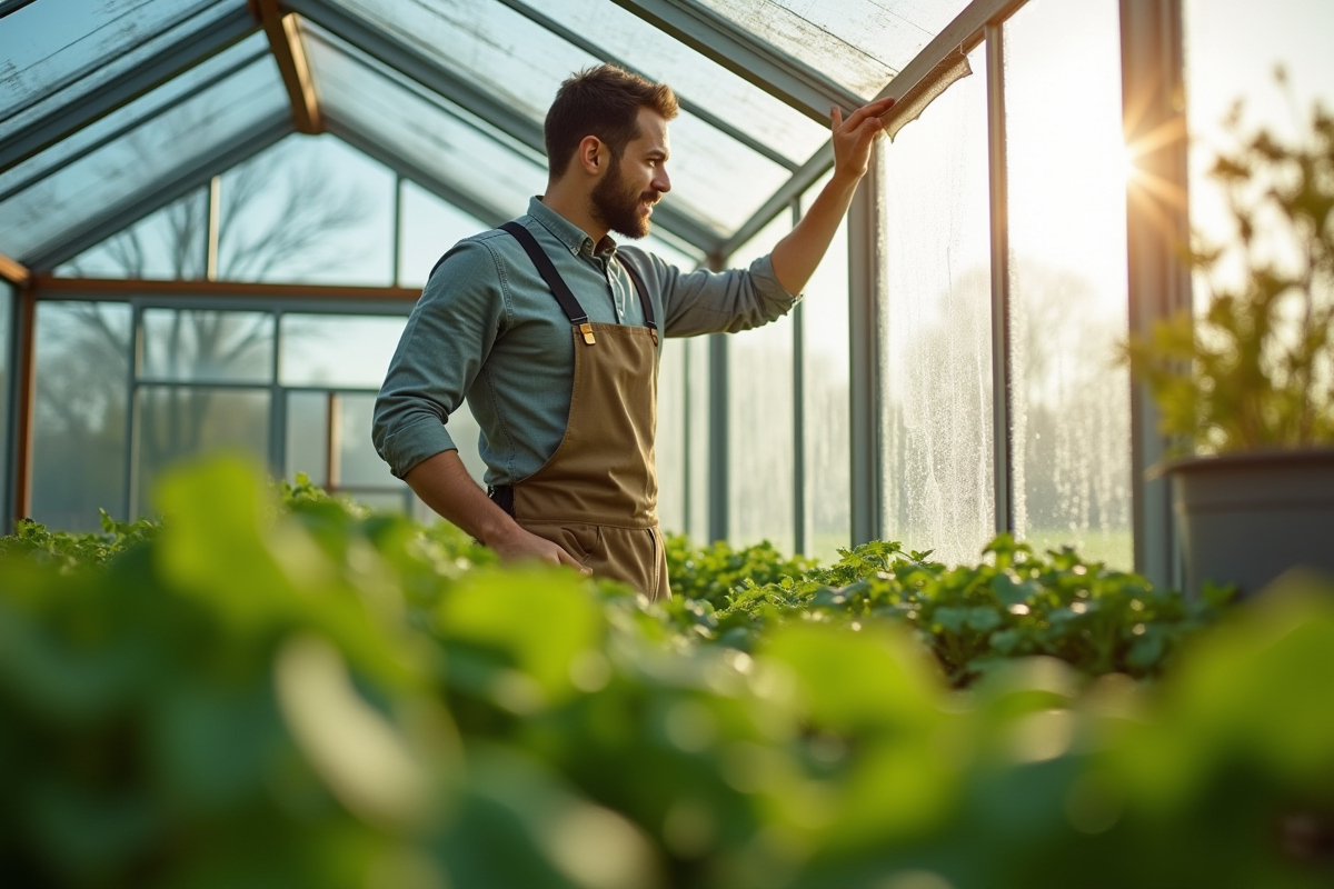 Jardinier dans une serre moderne nettoyant une vitre avec plantes vertes