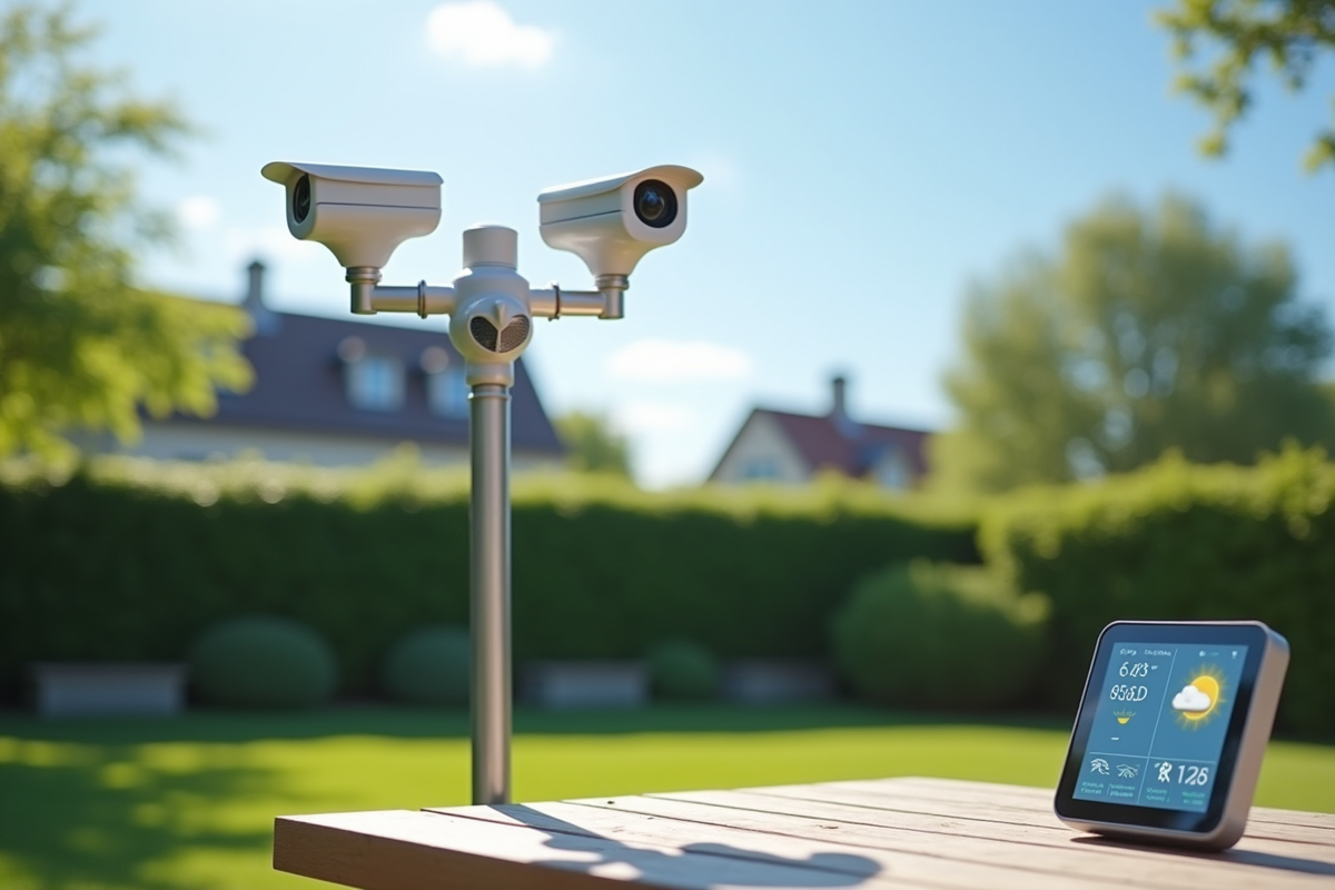 Station météo moderne dans un jardin suburbain avec capteurs et écran