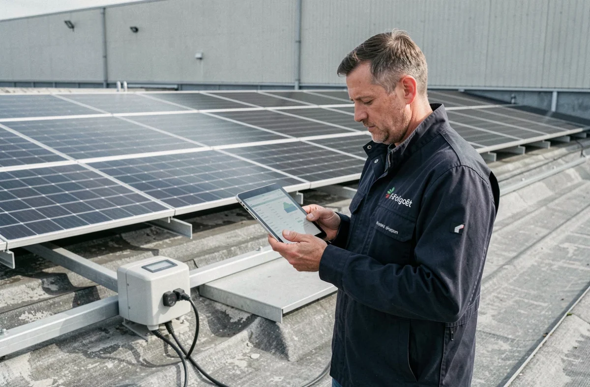 Technicien de STM SAV Le Folgoët inspectant des données de suivi sur tablette devant une installation solaire existante