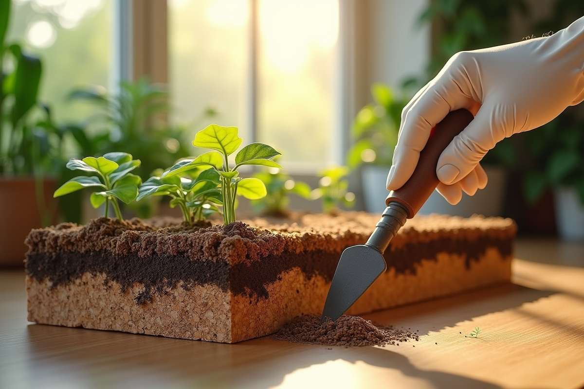 Coupe transversale du parquet en liège avec main gantée et plantes vertes