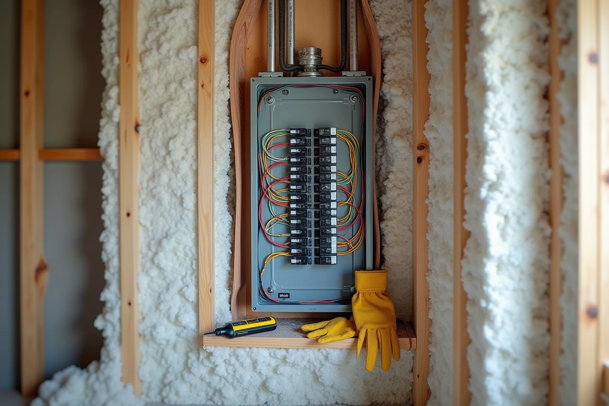 Tableau électrique ouvert sur un mur isolé avec câbles organisés et testeur de tension dans une maison en travaux