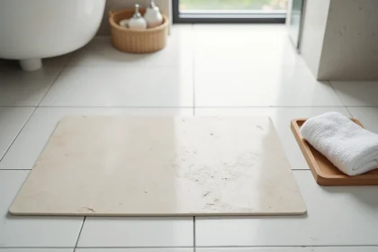 Tapis de bain en pierre de diatomite beige posé sur un carrelage gris dans une salle de bain moderne et épurée
