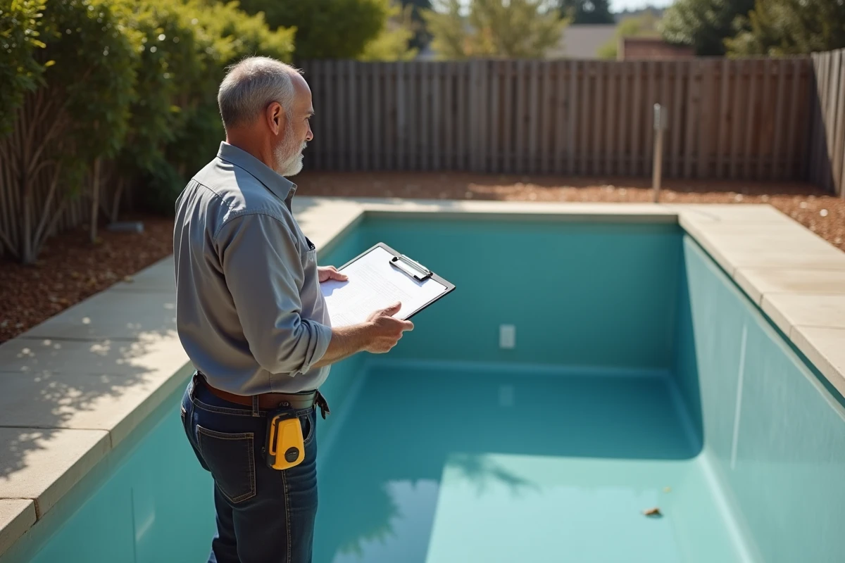 Technicien inspectant une piscine vide pour estimer le volume d'eau nécessaire au remplissage